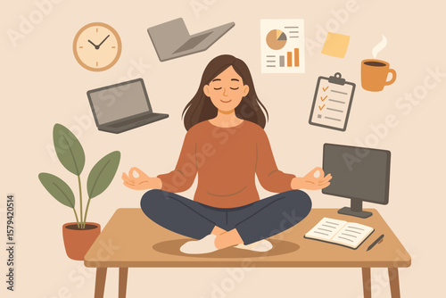 Employee wellbeing and wellness concept. Office woman mindfulness meditation for stress relief. Work life balance for productivity. Calm relaxed workplace for mental health.