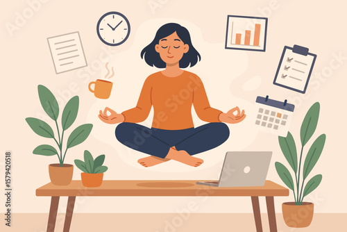 Employee wellbeing, wellness concept. Business woman doing yoga meditation for stress relief. Office mindfulness, work-life balance, productivity. Calm in workplace vector.