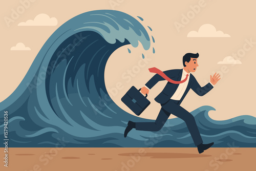 Escape from business crisis, recession, or risk. Metaphor for adversity and challenge to survive danger. Uncertainty and vulnerability concept. Businessman runs from a huge wave.
