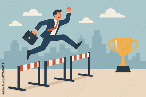 Success in business competition, overcoming obstacles. Motivation to solve problems and lead to achievement. Confident businessman leader jumping over hurdles to win the trophy.