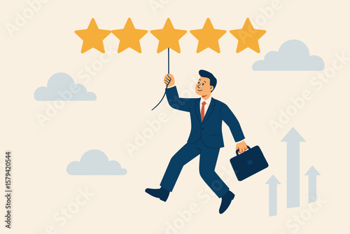 Customer satisfaction review. Five stars rating for quality feedback and best service. Metaphor for business success, performance evaluation, and positive reputation growth.