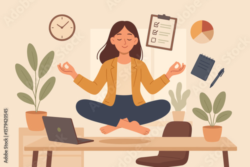 Employee wellbeing and wellness concept. Business woman meditating in yoga lotus pose at office desk for stress relief. Mindfulness for work life balance and productivity.