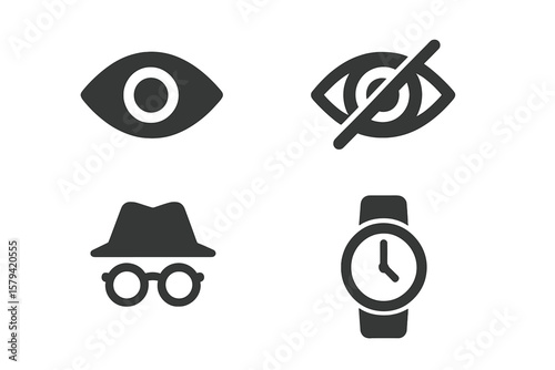 Eye Icon Set – Show, Hide, Incognito, Watch Symbols for App and Website UI, Privacy and Security Concepts, Flat Vector Illustration, Transparent Background