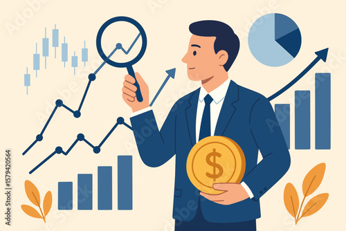 Businessman investor analyzing financial market data with magnifying glass. Stock exchange growth chart. Investment strategy for profit and success. Money management concept.