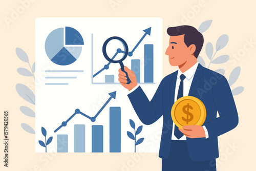 Financial market analysis, investment earning and money management concept. Economic growth, stock exchange report. Businessman investor holding money coin and magnifying glass.