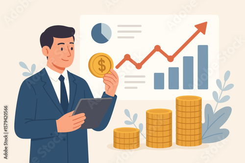 Businessman investor analyzing financial market data for economic growth. Money management and stock exchange report concept with profit chart. Successful investment earning.