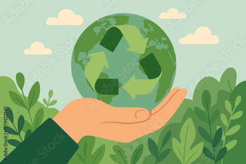 Hand Holding Earth with Recycle Symbol, Sustainability and Environmental Protection Concept, Eco Friendly Green Energy, Climate Change, Renewable Resources, Nature Conservation