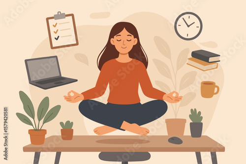 Employee wellbeing, comfortable work, project management, relax workplace, balance, productivity, office woman mindfulness meditating, work life balance.