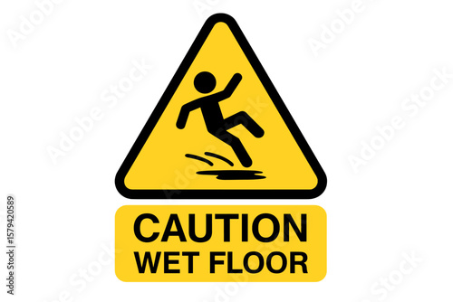 Caution Wet Floor Sign Vector, Slippery Surface Warning, Fall Hazard Icon, Safety Alert, Yellow Triangle, Person Slipping, Workplace Accident Prevention, Transparent Background Illustration
