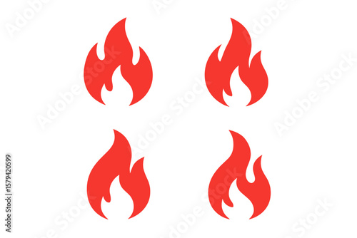 Fire flame icon symbol collection set. Simple red hot pictogram. Vector illustration of burn bonfire logo. Danger warning sign. Flat design element for web. Energy power concept.