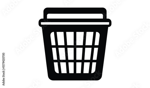 Simple black and white icon of a plastic laundry basket with a lid