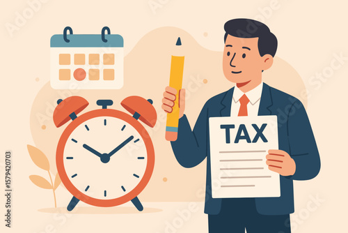 Tax time reminder concept. Businessman holding pencil with tax paper. Income tax planning, government payment date, financial refund, schedule, revenue calculation deadline.