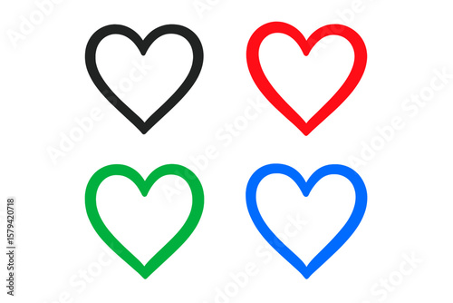 Hand Drawn Heart Icon Set. Black, Red, Green, Blue Outline Love Symbols. Brush Stroke Heart Shapes. Isolated Vector Illustration for Valentine, Wedding, Romantic Design, Transparent Background