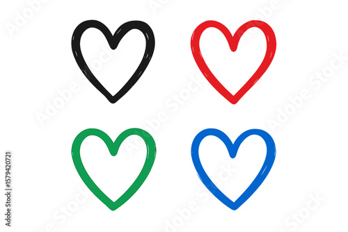 Hand Drawn Heart Icon Set. Black, Red, Green, Blue Love Symbols. Brush Stroke Outline Hearts. Romantic Valentine’s Day, Wedding, Social Media Like, Favorite, Transparent Background Vector