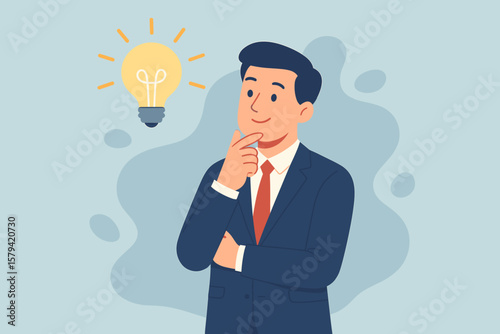 Innovation and creativity for business success. Businessman thinking about an idea. Solution for a problem. Brainstorming concept. Smart man with a lightbulb. Metaphor for inspiration.