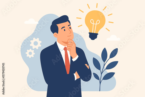 Innovation and creativity for business success. Smart businessman thinking of a new idea. Concept for problem-solving, brainstorming, and solutions. Lightbulb inspiration metaphor.