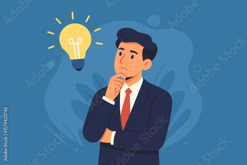 Businessman with lightbulb idea. Metaphor for innovation, creativity, inspiration. Concept for business solution, brainstorming, strategy, and problem-solving success.