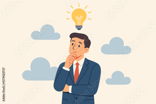 Innovation, creativity for business success. Smart businessman thinking with lightbulb. Imagination, problem solving, solution and brainstorm concept. Strategy, inspiration.