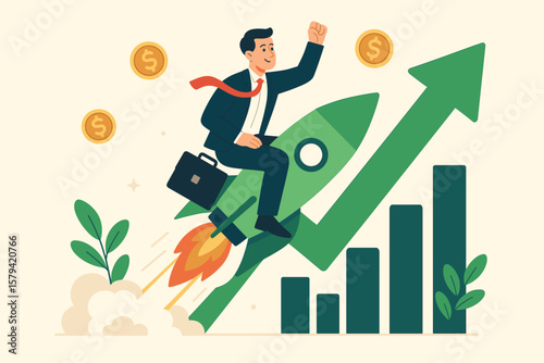 Businessman riding rocket startup, boosting investment growth, increasing profit, rapid financial success, market return, upward graph, business improvement, launch concept