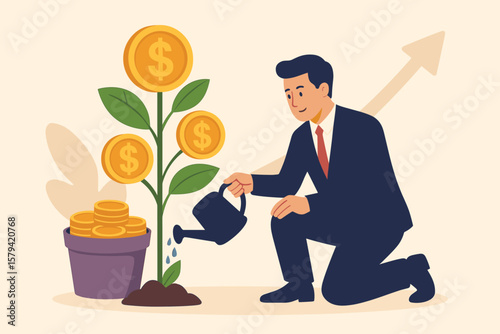 Businessman Investor Nurturing Money Plant, Growing Wealth, Investment Asset Growth, Financial Success, Pension Fund Savings, Retirement Profit, Economic Growth Concept