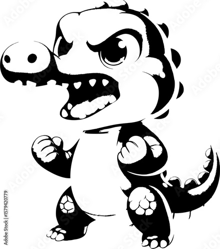 black and white cartoon illustration of a cartoon dinosaur