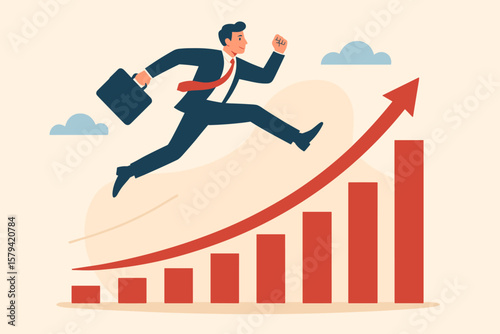 Businessman leaping over rising bar graph, symbolizing business growth, success, achievement, progress, leadership, overcoming challenges, courage, motivation, and transformation