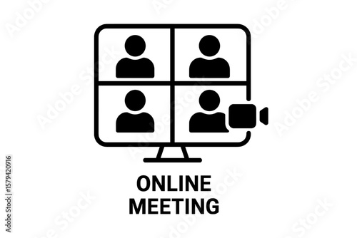 Online Meeting Icon, Virtual Video Conference Symbol, Remote Work Team Collaboration, Digital Communication, Web Call, Group Chat, Business Webinar, Computer Screen Vector Illustration