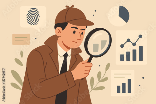 Detective investigation analysis concept. Private investigator with magnifying glass examining data, fingerprint, statistics, charts. Research, discovery, inspection, analytics illustration.