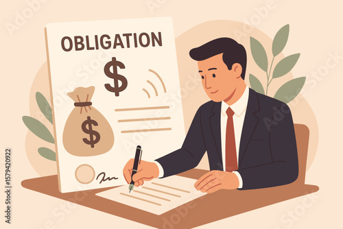 Businessman Signing Debt Obligation Contract, Bank Loan Agreement, Legal Financial Document, Interest Rate, Money Borrowing, Credit Responsibility, Signature Concept Illustration