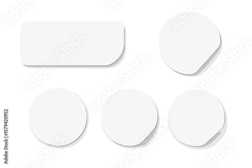Realistic Blank Paper Stickers Set, Rectangle and Round with Curved Corners, Isolated Adhesive Mockup, White Label Tags, Empty Sticker Collection for Branding, Packaging, Design Templates