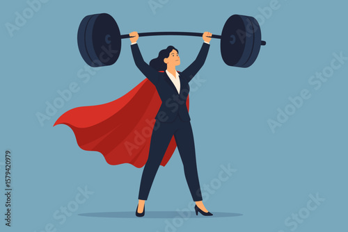 Powerful businesswoman superhero lifting barbell, leadership strength, female empowerment, ambition, success, confidence, motivation, pride, business champion concept