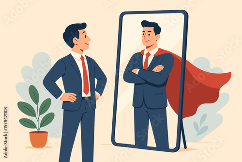 Self confidence concept. Businessman looking at his superhero reflection in the mirror. Metaphor for potential, ambition, success, leadership, career growth, and inner power.
