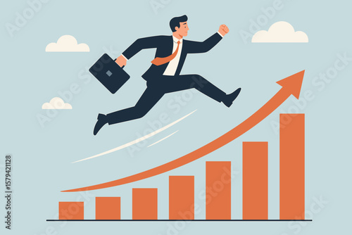 Businessman jumping on growing graph chart. Business success, career growth, and progress concept. Man running up on arrow. Financial achievement and ambition vector.