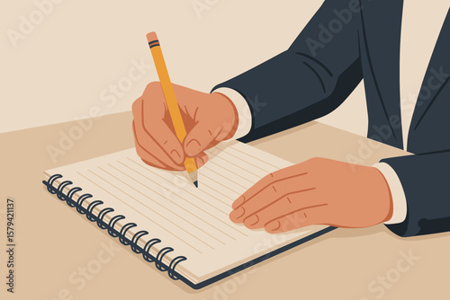 Businessman hand writing note on spiral notebook, taking memo, recording information, planning agenda, making diary entry, drafting document, office meeting concept illustration