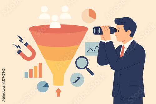 Marketing funnel for lead generation and sales conversion. Businessman with binoculars analyzing customer journey. Business strategy for growth. Target audience analysis.