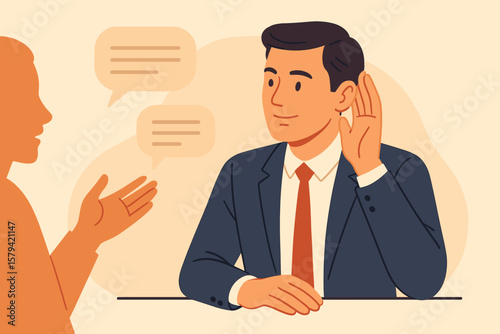 Active listening communication skill. Businessman listens to conversation for job effectiveness. Man paying attention to dialogue, discussion concept. Professional business vector.