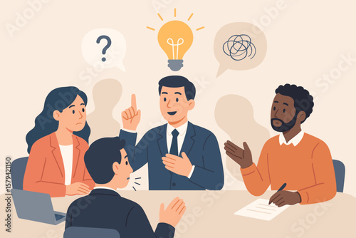 Business team brainstorming solutions, leader giving advice in meeting, creative problem solving, teamwork discussion, innovation, strategy, eureka moment, office collaboration