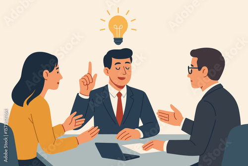 Business team brainstorming creative solutions, leader sharing ideas, teamwork discussion, problem solving, innovation, professional advice, eureka moment, office meeting concept