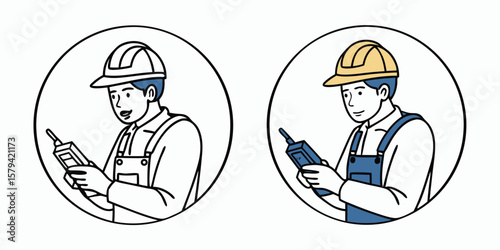 Worker holding device with blue overalls and yellow helmet