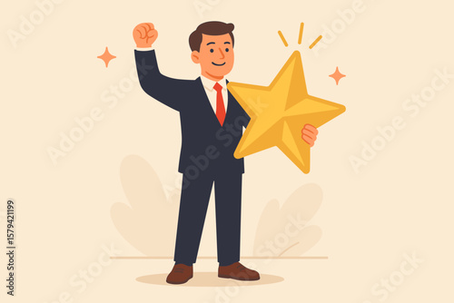 Successful business leader holding golden star, symbolizing achievement, high performance, excellence, award winner, employee recognition, motivation, quality, confidence, career success