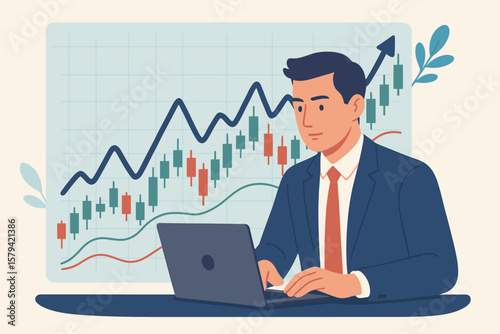 Businessman Analyzing Stock Market Trading, Cryptocurrency Investment, Technical Analysis, Financial Growth Chart, Bullish Candlestick Graph, Currency Exchange Concept