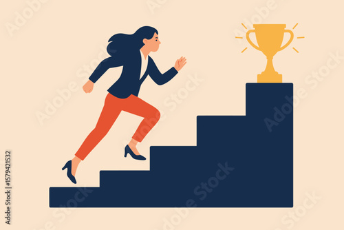 Ambitious businesswoman climbing career ladder steps toward trophy, achieving success, motivation, growth, leadership, goal setting, ambition, professional development concept