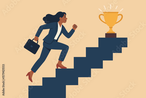Ambitious Businesswoman Climbing Stairs to Success, Career Growth Motivation, Achievement Goal, Professional Woman Running Up Steps, Ambition, Leadership, Corporate Progress