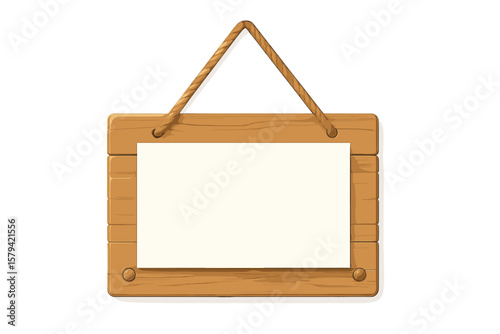 Hanging Wooden Sign Board with Blank White Space, Realistic Vector Template, Empty Notice Board, Rustic Wood Plank, Rope Suspension, Isolated Clipart for Custom Text, Transparent Background