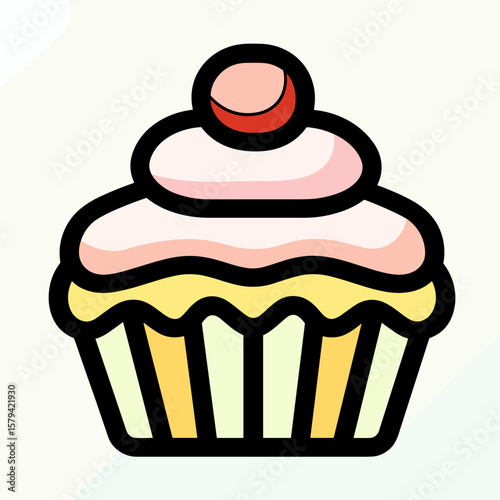Stylized cartoon cupcake with bold black outline, yellow and light-green striped wrapper, pink frosting swirl, red cherry on top, plain light background.