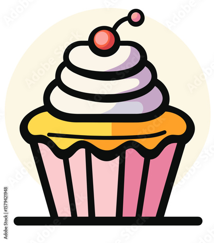 Stylized cartoon cupcake with pink striped wrapper, swirl of white and light purple frosting, topped with small cherry and tiny pink ball on stem, clean colorful design with bold black outlines