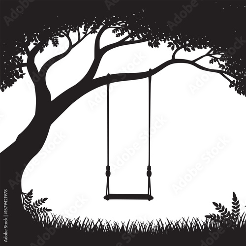 Silhouette of a tree with a swing hanging from a branch in a black and white illustration style