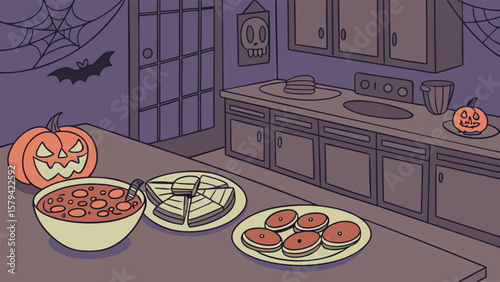 Halloween themed kitchen scene with pumpkin, sandwiches, and spooky eyeball appetizers on the counter top