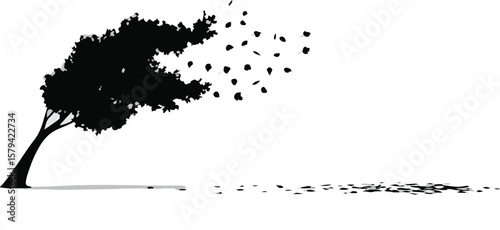 Vector art of a tree silhouette with leaves blowing in the wind