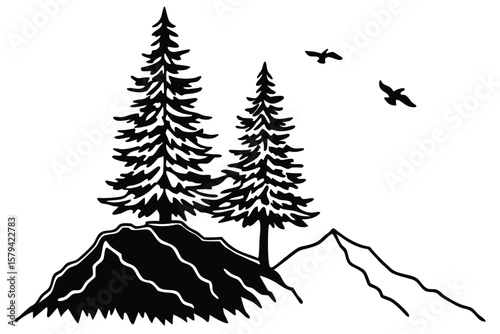 Silhouette of Two Pine Trees on Mountain Peak with Birds